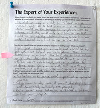 Load image into Gallery viewer, A writing prompt with handwriting and a pink arrow indicating how a passage "I called my wise aunt" in response to a family conflict.