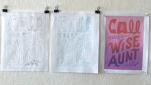 Load image into Gallery viewer, A series of drawings for Call Your Wise Aunt, with a pencil sketch, blue pencil sketch, and color mock-up