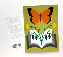 Load image into Gallery viewer, Postcard of a butterfly abouve a book with a plant sprouting from it. Back side of postcard with text in english, spanish, and chinese describing the postcard design's intention.