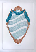 Load image into Gallery viewer, The text "Friends help me see that" appears in a sash draped over an ornate oval mirror, in which the text "I deserve comfort and love" appears in wavy reflections in the mirror.