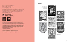 Load image into Gallery viewer, Spread of inside front cover with logos of the LAPL, LFLA< and Wellcome, and a graphic table of contents with all seven banner designs