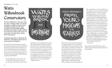 Load image into Gallery viewer, Spread of the Watts Willowbrook Conservatory, with two banners (front and back) shown, along with quotes from Jermaine Paul and Mari Paul.