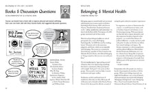 Load image into Gallery viewer, Spread with activity of recommended books illustrated, and an essay on belonging and mental health.