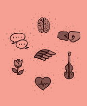 Load image into Gallery viewer, Back cover with seven icons, each representing the clubs: Brain, speech bubbles, fist bump, wing, upright bass, rose, heart with EKG symbol.