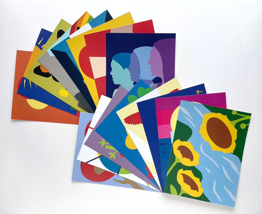 array of 16 colorful postcards, including postcard of three sunflowers tilted towards each other over a river.