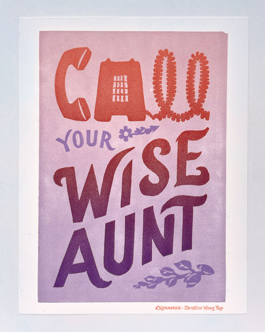 Call Your Wise Aunt print with a pink/lavender background. Call is rendered with an old style landline telephone. There's also a small daisy and lupin.