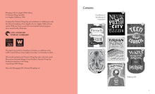 Load image into Gallery viewer, Spread of inside front cover with logos of the LAPL, LFLA&lt; and Wellcome, and a graphic table of contents with all seven banner designs
