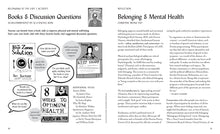 Load image into Gallery viewer, Spread with activity of recommended books illustrated, and an essay on belonging and mental health.

