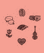 Load image into Gallery viewer, Back cover with seven icons, each representing the clubs: Brain, speech bubbles, fist bump, wing, upright bass, rose, heart with EKG symbol.
