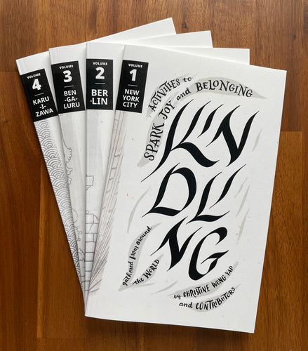Photo of set of four zines: Kindling: Activities to Spark Joy and Belonging Gathered from Around the World.